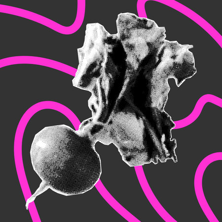 Halftone collage banner, radishes on a dark background, pink doodle lines. Paper cut element, pop...