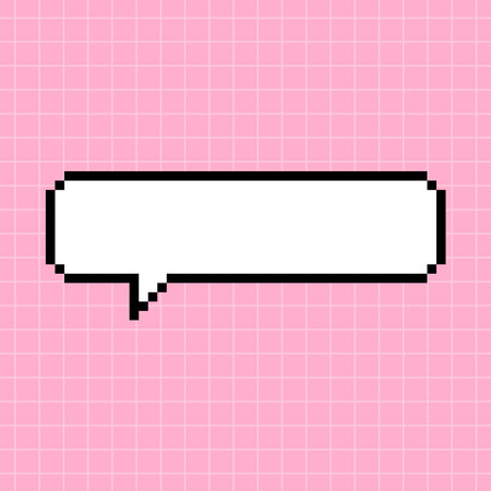 A narrow horizontal rectangular frame in the shape of a pixel dialog box on a pink checkered background. Vector element in 8-bit retro game style, space for text.のイラスト素材