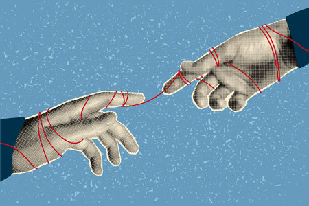 Halftone collage banner, two palms stretching towards each other and a thin red line between them. Red string theory.のイラスト素材