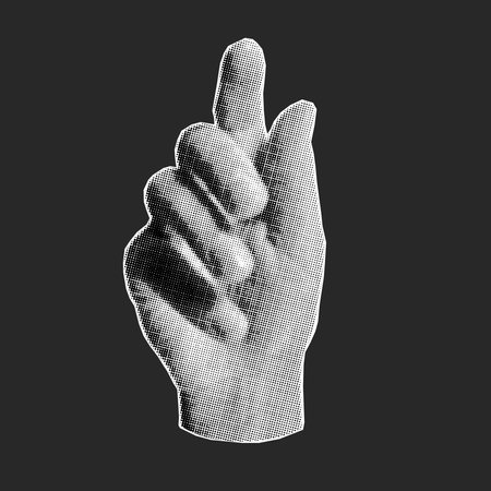 Halftone collage banner hand gesture, palm on a dark background. Retro style, fashionable Y2K element.のイラスト素材