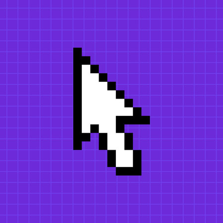 Pixel pointer of a computer mouse on a bright purple background. Arrow icon, illustration in 8-bit retro game style, controller.のイラスト素材