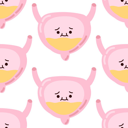 Seamless pattern adorable kawaii human organ. Confused cute bladder isolated on white background, childish illustration in flat style.のイラスト素材