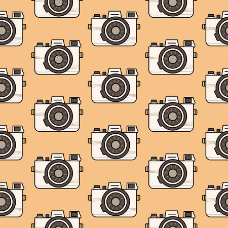 Cute seamless pattern light vintage camera in retro colors isolated on a beige background. Background, backdrop, wrapping paper.のイラスト素材