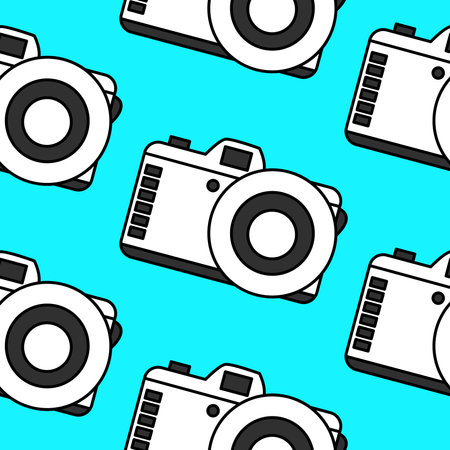 Bright seamless pattern minimalistic black and white camera on a turquoise background. Doodle retro film camera, wrapping paper, background.のイラスト素材