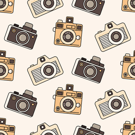 Seamless cute pattern three vintage cameras isolated on a light background. Background in retro colors, backdrop, wrapping paper, sepia tone.のイラスト素材