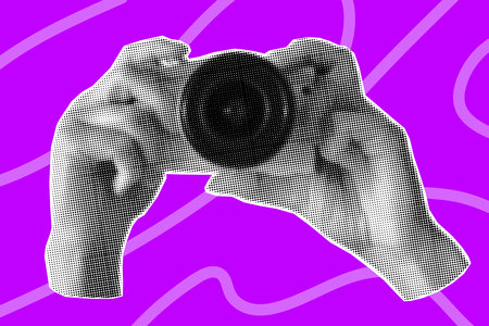 Halftone collage banner, hands holding camera on lilac background with doodle lines. Elements cut out from magazine, photographer, poster.のイラスト素材