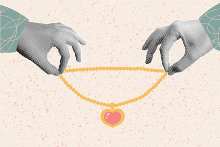 Halftone collage banner, hands holding a beautiful pendant. Pop art and flat style, trendy retro colors. Palm gestures, textured background.のイラスト素材