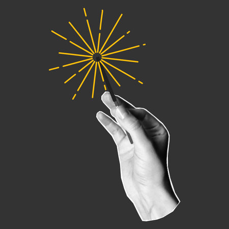 Halftone collage element on a dark background, palm gesture. Hand holds sparkler, holiday.のイラスト素材