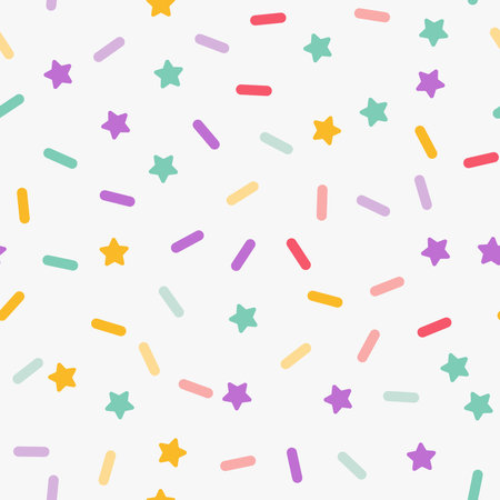 Simple minimalistic seamless pattern, multicolored playful hand drawn cute lines and stars on a white background. Sugar sprinkles on a donut, confetti, cupcake.のイラスト素材