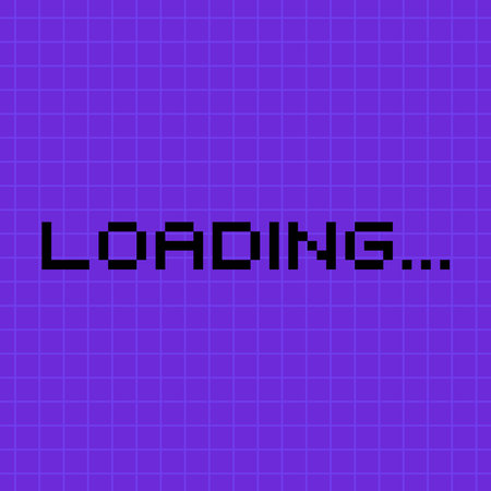 Pixel inscription loading on a bright purple background. Loading bar, illustration in 8-bit retro...