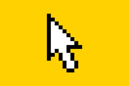 Cute sticker for social networks in pixel style. Call-To-Action computer mouse pointer icon. 8 bit element on a yellow background, button for blog.のイラスト素材