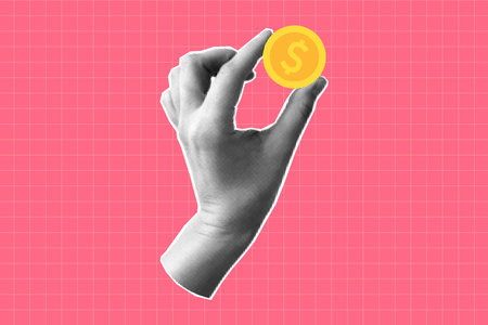 Halftone collage of a hand holding a dollar coin. Banner on a financial theme with money. Concept of payment and financial planning, saving. Paper cut element.のイラスト素材