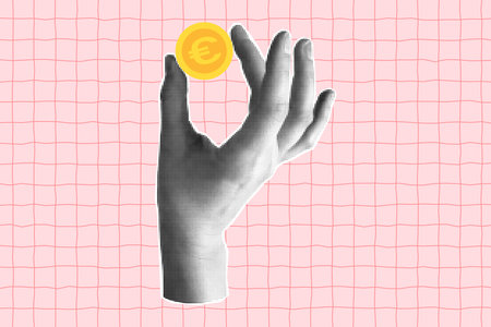 Halftone collage with a hand holding a euro coin. Banner with concept of payment and financial planning, saving, business. Cut out element on a pink checkered background.のイラスト素材