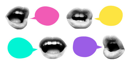 Set of speech bubbles of different bright colors, halftone collage banner with mouths and lips....