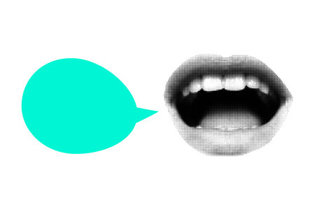 Halftone collage banner with open mouth and speech bubble in bright green color. Paper cut elements,...