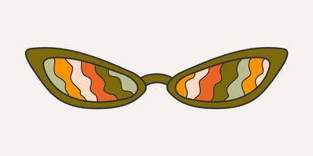 Fashionable sunglasses in groove style, carton. Retro accessory on a light background, hippie, 1970s. Various trippy patterns in glasses, waves.のイラスト素材