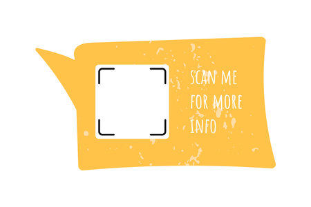 Textured yellow rectangular doodle speech bubble with space for a QR code and the inscription scan me. Hand drawn vintage vector element with grunge gritty effect, frame.のイラスト素材