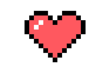 Pixel element in 8-bit style isolated on white background. Red heart shaped icon, bright colors, life button in the game.のイラスト素材