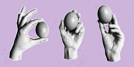 Halftone collage banner, set of paper elements cut from magazine on purple pastel textured noisy background. Hands holding eggs, hand gesture.のイラスト素材