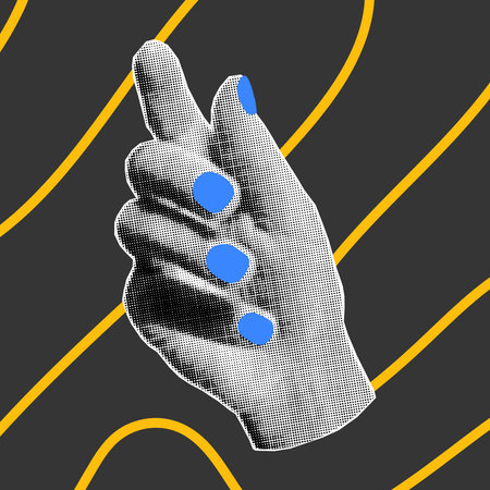 Halftone collage illustration of hand gesture with neon short blue nails on dark background. Yellow bright doodle elements, nail salon.のイラスト素材