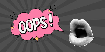 Halftone collage retro banner, open mouth and pink speech bubble, inscription oops, cloud and...