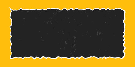 Black rectangular frame with vintage gritty texture, vector element with jagged edges isolated on yellow background. Old torn ripped paper, banner template.のイラスト素材