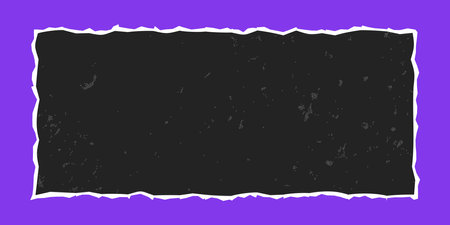 Black rectangular frame with vintage gritty texture, vector element with jagged edges isolated on purple background. Old torn ripped paper, banner template.のイラスト素材