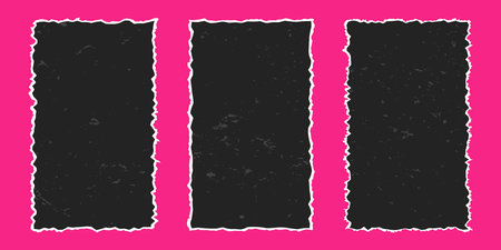 Set of vertical black rectangular frames made of torn paper with vintage gritty texture, vector elements with jagged edges isolated on pink background. Old ripped paper.のイラスト素材