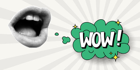 Halftone collage retro banner, mouth and green speech bubble, expressive inscription wow, cloud and explosion in a comic style. Paper cut elements, pop art style, lips.のイラスト素材