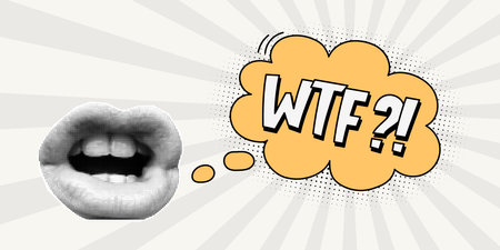 Halftone collage retro banner, open mouth and yellow speech bubble, expressive inscription wtf,...