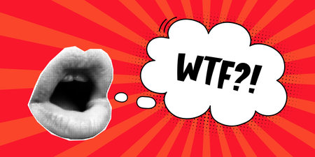Halftone collage retro banner, open mouth and speech bubble, expressive inscription wtf, cloud and explosion in a comic style. Paper cut elements, pop art style, lips, red background.のイラスト素材