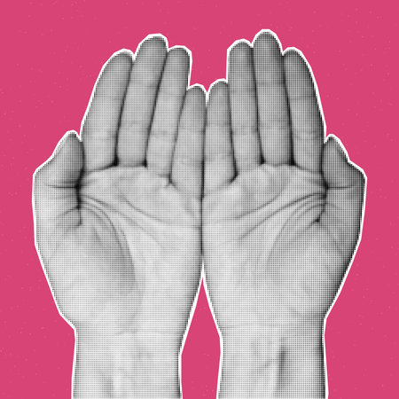 Halftone collage hands, paper cut element on pink textured background, PNG zine palm, poster.のイラスト素材