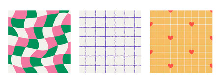 Set of distorted checkerboard backgrounds, psychedelic y2k patterns. Swirling grid effect, bold...