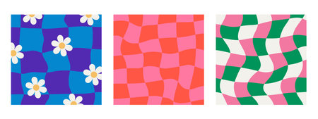 Collection of retro wavy checkerboard patterns, groovy y2k aesthetic. Warped grid effect, dynamic geometric shapes, funky floral hippie texture.のイラスト素材