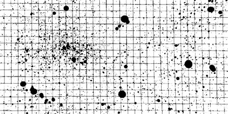Black paint splashes and stippled texture scattered across a dusty checkered notebook sheet, grunge monochrome design.のイラスト素材
