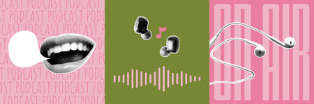 A collection of podcast blog covers in collage style. Dotted halftone textures, jagged edges, sound icons and colorful design for digital audio content, headphones and mouth with speech bubble.のイラスト素材