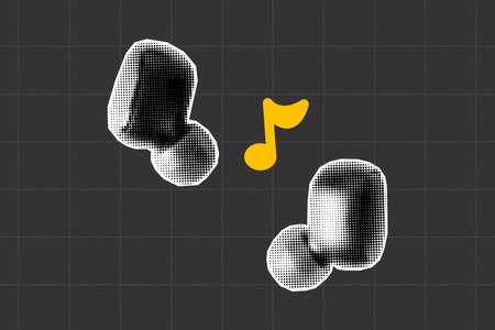 Audio streaming collage design with halftone paper textures. Funky podcast, punk cutout for online radio, covers, karaoke shows, digital banners, headphones and notes.のイラスト素材