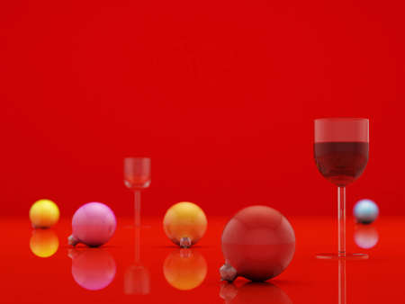 Fur-tree Christmas toys and wine glass on the redの写真素材