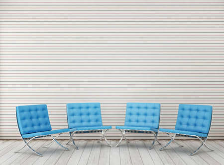 four exact dark blue chairs are in a roomの写真素材