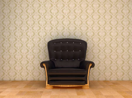 black leather chair in a room with old green wallpaper on the wallの写真素材