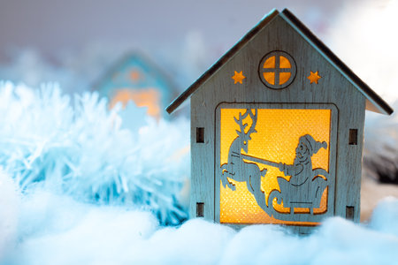 little toy Christmas houses with a light inside, holiday, xmas, miniatureの写真素材