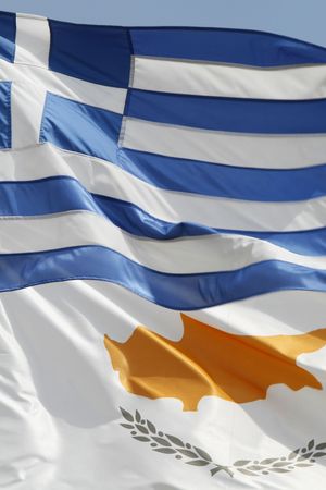 cyprus and greek flags in the skyの写真素材