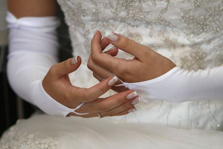 a close up with brides handsの写真素材