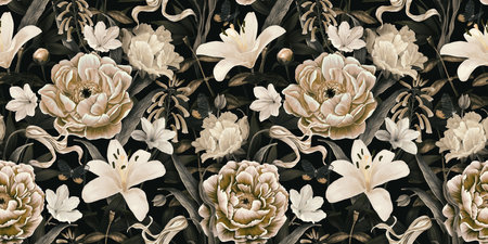 Dark vintage with lovely flowers. Floral wallpaper with white lilies, peonies, tulips, butterflies....