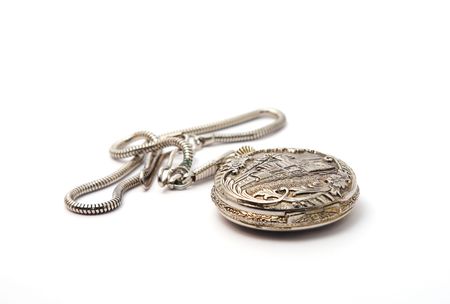 silver pocket watch on whitr foneの写真素材