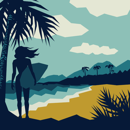 girl with a surf on the beachのイラスト素材