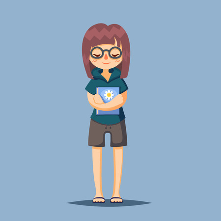 Cute happy girl with glasses loves book cartoon illustrationのイラスト素材