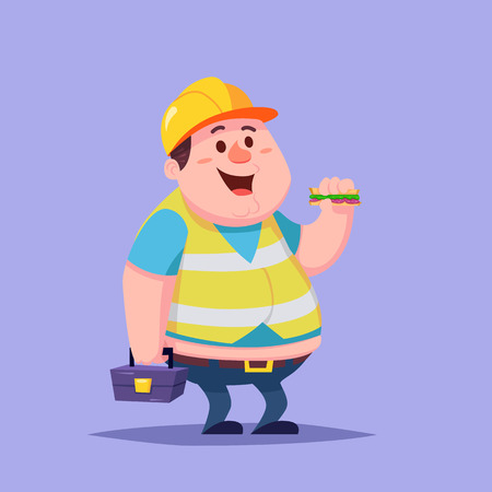 Funny Cartoon Character Fat man repairman builder worker with sandwich and toolboxのイラスト素材