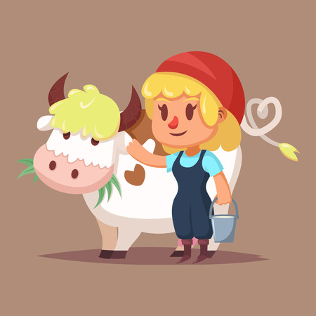 Illustration of Cute girl with cow Cartoon characterのイラスト素材