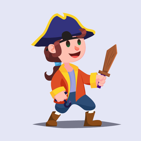 Funny cute cartoon Boy pirate kid with wooden sword illustrationのイラスト素材